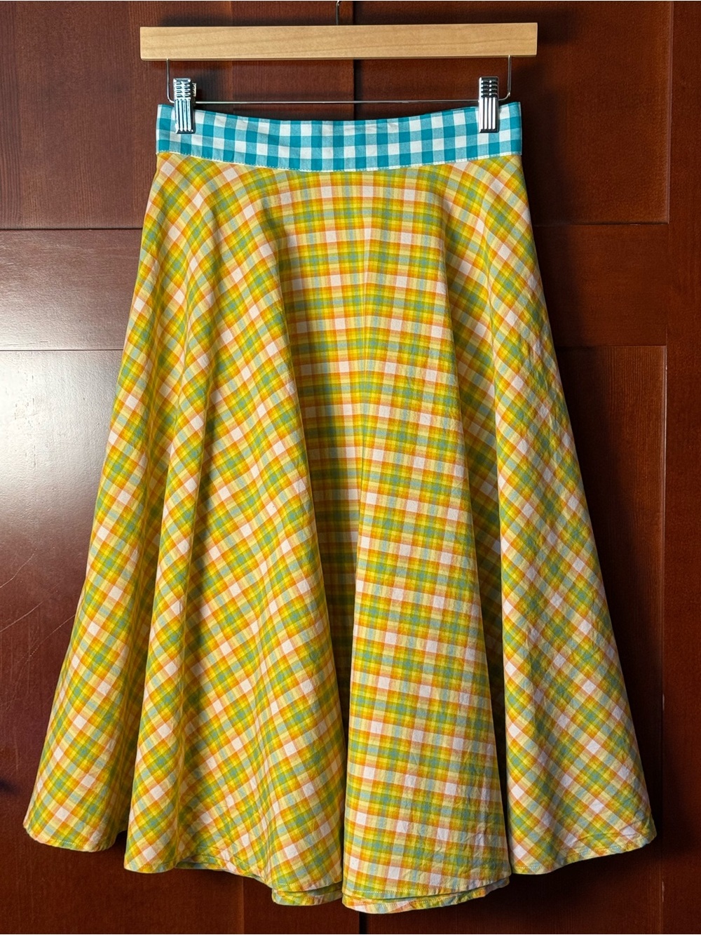 Heart Of Haute Retro Plaid Circle Skirt Saffron Yellow Teal Gingham Size 2X
